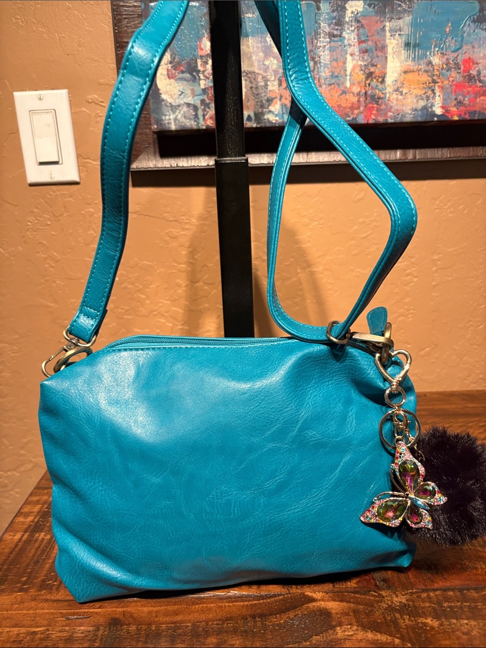 Turquoise PU Leather Crossbody Bag with Butterfly & Pom Pom Charm EUC